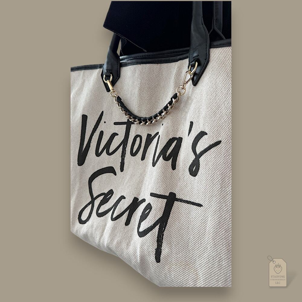 Victoria's Secret 2017 Beige Canvas Tote | Script Logo & Chain - Picture 2 of 7